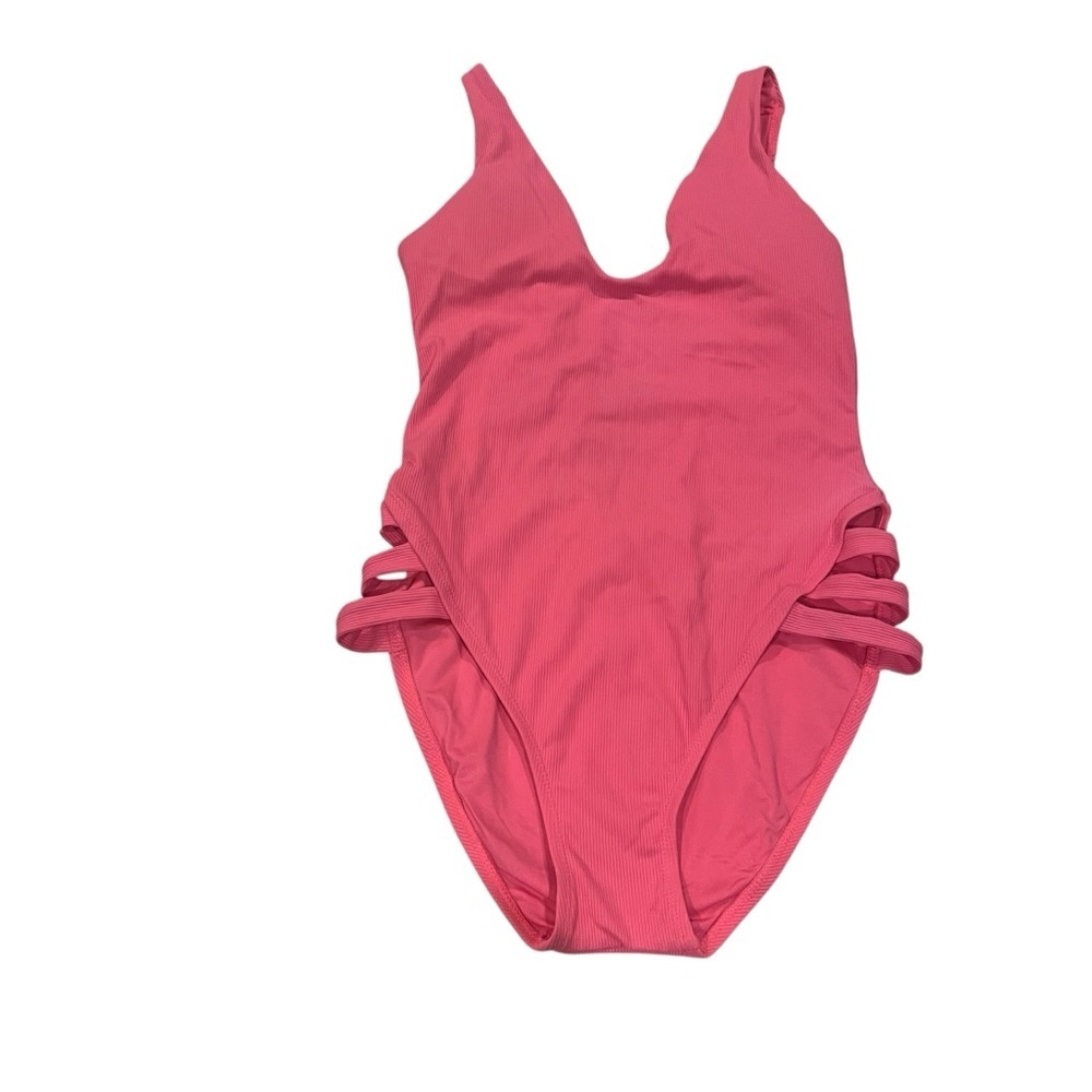 BECCA By Rebecca Virtue Pink One Piece Ribbed Strappy Cut Out Swimsuit — Large - Picture 8 of 14